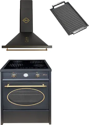 Produktbild von GURARI Induktions-Standherd GCH E 612 BL r+GCH 975 Bl 6 +Grillplatte, Retro Induktions Standherd 60 cm/ 60 L+Dunstabzugshaube 60cm