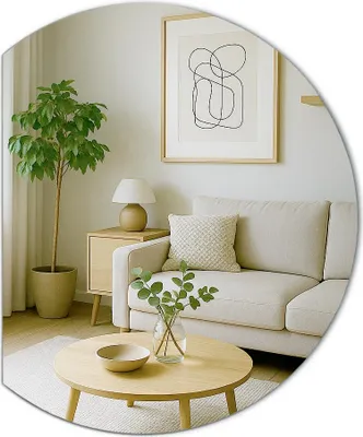 A bright and airy living room setting with a sofa, coffee table, and plant.
