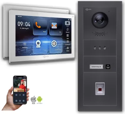Produktbild von Goliath IP Video Türsprechanlage mit Kamera 10-Zoll Fingerprint Anzeige Anthrazit : 2 Monitore : 10 Zoll Weiß : Aufputz Dose Monitor Anzahl: 2 Monitore Monitor Farbe: 10 Zoll Weiß Montage: Aufputz Dose