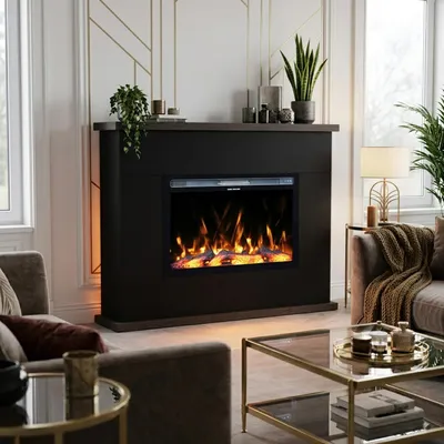 Produktbild von Garlivo Elektrokamin 'TORINO Schwarz/ Wenge' | LED Standkamin in weiss mit Heizung (1500 W) | HxBxT: 108x136x28cm