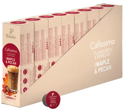 Produktbild von Tchibo Cafissimo Kaffeekapseln, Flavoured Espresso Maple & Pecan, 80 Stück Vorratsbox, Limited Edition, nussig im Geschmack mit natürlichen Aromen von süßem Ahornsirup , 4/6 Intensität
