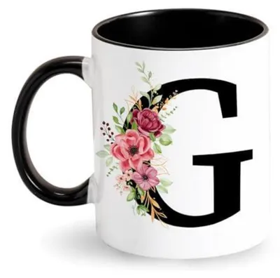 Image de Tasse à café en céramique, motif lettre de l'alphabet, noire, 350 ml, imprimée des deux côtés