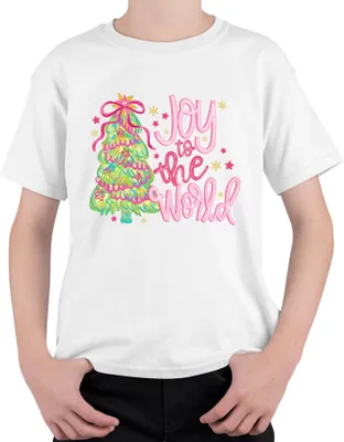 Produktbild von Joy to the World Weihnachtsbaum Weihnachten Geschenk Pink Glitzer Uni Kinder T-Shirt, Weiß, 128