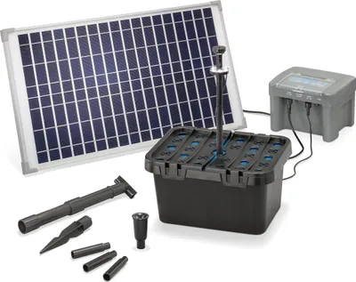 Produktbild von Solar Teichfilter Set 25/650 + Akku LED Solarpumpe Filter Gartenteich 101064
