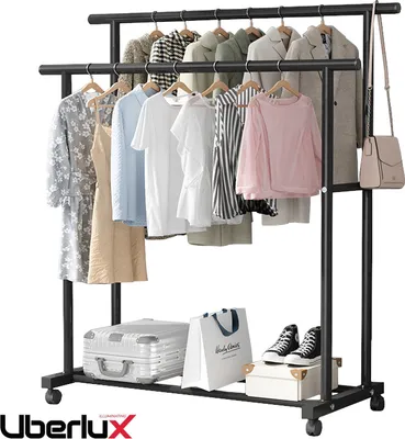 Produktbild von U. Uberlux 120cm Kleiderständer mit Rollen und zwei Kleiderstangen, Kleiderbügel, Kleiderstange, Garderobenständer, Wäscheständer, Multifunktional, Schlafzimmer, mit Ablage für Schuhe, bis zu 70kg belastbar