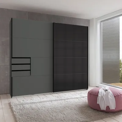 Produktbild von Schwebetürenschrank 2-türig 225cm, graphit mit schwarzem Glas, STRATFORD-43