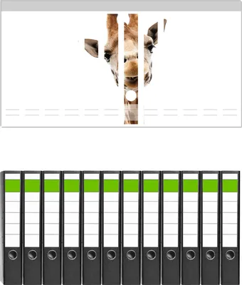 Produktbild von Wallario 12 Stück schmale Ordner inkl. Klebeetiketten mit Motive Giraffenkopf -  Set mit Rückenschildern / Ordnerrücken Stickern
