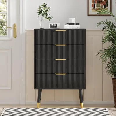 Produktbild von Kommode mit 4 Schubladen, Rillenfront und Holzfš¹?en, Schwarz