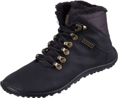 A black boot with laces and fur lining is shown against a white background.