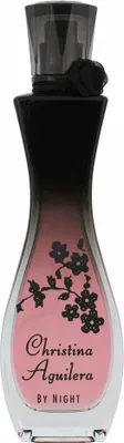 A perfume bottle with a black top and a pink gradient body, decorated with black floral patterns.