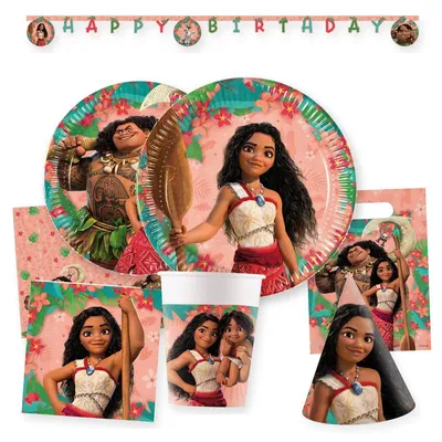 Produktbild von Vaiana Partyset zum Kindergeburtstag, 58-teilig mit Tellern, Bechern und Deko