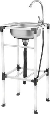 Produktbild von Freistehende Spüle - Einzelbecken - 42×37 cm - Edelstahl - Mit Armatur - Schneller Ablauf - Belastbar bis 60 kg - Silber