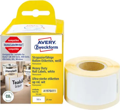 Produktbild von Avery Zweckform A1976411, Rollen-Etiketten, 25 x 54  mm, 160 Etiketten / 1 Rolle, weiß