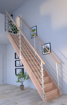 Produktbild von Holztreppe Rhodos in gerader Ausführung-Buche-Design Geländer Edelstahl-beidseitig-mit Setzstufen