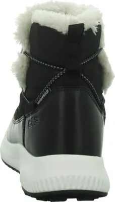 Rear view of a black winter boot with white fur trim and a white sole.