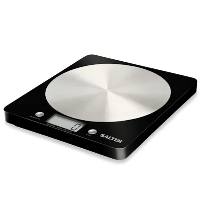 Zdjęcie produktu dla Salter 1036BKSSDR, Elektroniczna waga kuchenna, 5 kg, Czarny, Srebrny, LCD, CR2032, 50 mm