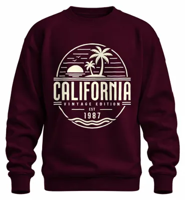 Productafbeelding van California Vintage Edition, opgericht in 1987. Zweetshirt/pullover met palmboomprint, strandmotief, Westkuststijl, bordeauxrood, maat 3XL