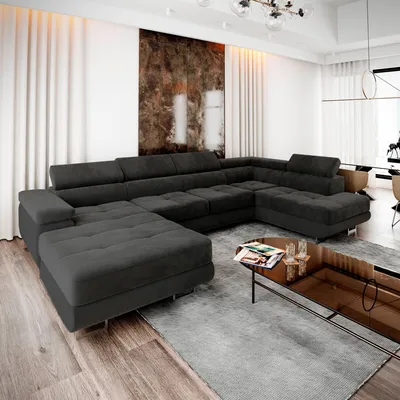 Produktbild von Masseno Ecksofa CASONE R-S mit Schlaffunktion U-Form, Sofa mit Bettkasten, Wohnzimmersofa, Couch, Soffa, Bettsofa, Couchgarnitur- Schwarz, MONOLITH 95