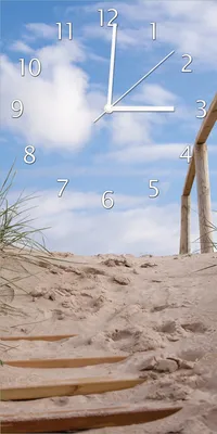 Produktbild von Wallario Design Wanduhr Auf der Holztreppe zum Strand aus Echtglas, Größe 30 x 60 cm
