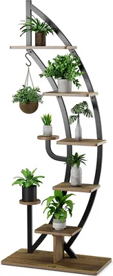 A multi-tiered plant stand with several potted plants on it, displayed against a white background.