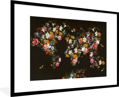 Produktbild von MuchoWow® Gerahmtes Poster Weltkarte - Blumen - Schmetterling - Schwarz 90x60 cm - Poster mit Schwarzem Bilderrahmen Wandposter Rahmen Foto Bilder - Wanddekoration - Fotos