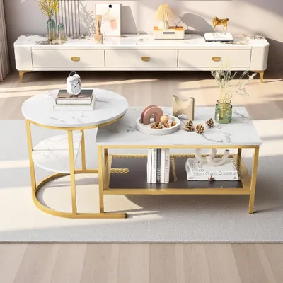 Produktbild von ProximaX Couchtisch Set, rechteckiger Tisch und Halbmond-Tisch, mit goldenen Tischbeinen, platzsparend und praktisch, Wohnzimmer, weiß