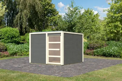 Produktbild von Karibu Gartenhaus Gerätehaus Qubic 2 terragrau 276x276x214 cm