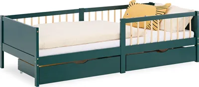 Image de Cadre de lit 90x200 cm avec 2 Tiroirs Lit enfant Vert Lit en bois Lit simple Lit à barreaux Sommier Lit bébé