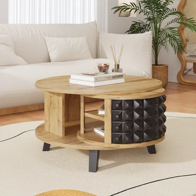 Produktbild von okwish Couchtisch Beistelltisch mit versteckter interner Ablage für Schlafzimmer, Wohnzimmertische Drehtisch mit Stauraum fürs Wohnzimmer,Natur