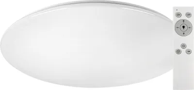 A white, round ceiling light with a remote control.