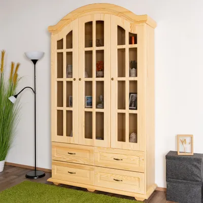 Produktbild von Vitrine Landhaus-Stil aus Massivholz Natur 224x133x40 cm mit 4 Schubladen und 3 Glastüren
