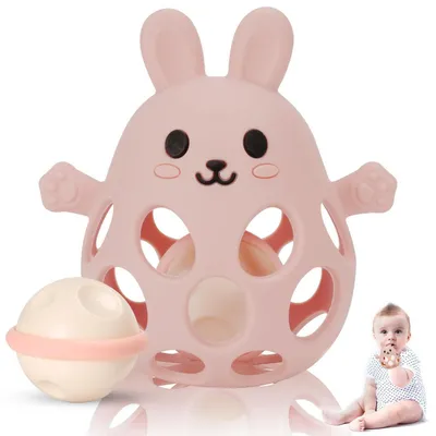 Produktbild von Silikon Babyrassel Hühnchen Beißring Rosa | Sensorisches Motorik Spielzeug
