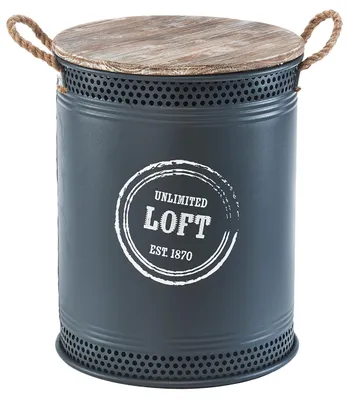 A dark gray cylindrical laundry basket with a wooden lid and rope handles, featuring a white circular logo with text.
