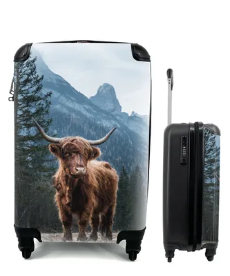 Produktbild von MuchoWow® Koffer Handgepäck Trolley Rollkoffer Kleine Reisekoffer mit 4 Rollen - Schottische Highlander - Berg - Landschaft - Bäume - Kuh - Natur - Cabin Size < 55x40x23 cm & 55x40x20 cm - Fotokoffer - Kabinenkoffer - Boardgepäck - Reise-Box - Reisekoffer - Reisegepäck - Koffer mit Bild - Trolley für Kinder