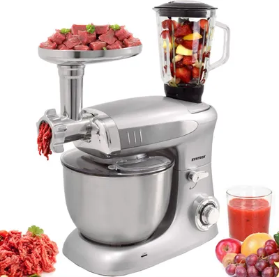 Obrázek produktu pro Syntrox Německo Kuchyňský robot Hnětač s mlýnkem na maso a mixérem, 6,5 l Stříbrný