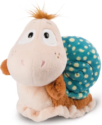 A plush toy snail is shown against a white background.