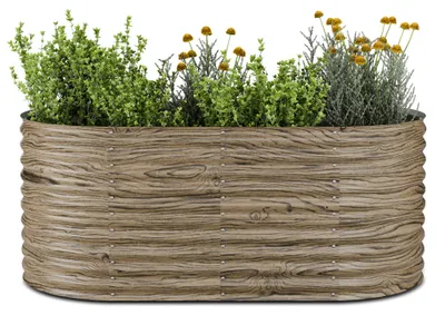 Obrázok produktu pre Blumfeldt High Grow vyvýšený záhon, ergonomický 1169 l oválny záhradný záhon v drevenom vzľade, z galvanizovanej ocele na kvety, bylinky a zeleninu - kovová konštrukcia odolná voči hrdzi, otvorená základňa, jednoduchá montáž