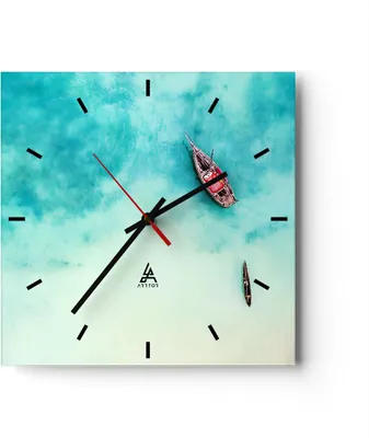 Produktbild von Wanduhr - Quadrat - Glasuhr - Insel Boot Schiff Ozean - 40x40cm - Schleichendes Uhrwerk - Lautlos - zum Aufhängen bereit - Dekoration Modern - Wanddekoration aus Glas - C3AC40x40-2923