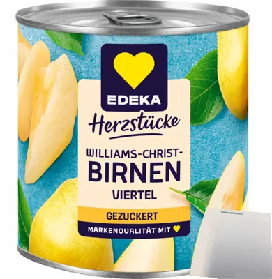 Produktbild von Edeka Herzstücke Williams-Christ-Birnen viertel Frucht gezuckert (225g Dose) + usy Block