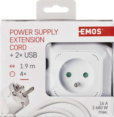 EMOS Prodlužovací kabel - kostka 1,9 m / 4 zásuvky / bílý / PVC / s USB / 1 mm2, P04119U