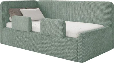 Produktbild von Selsey Fanko – Kinderbett 90x200 cm mit Rausfallschutz, Matratze, Kopfteil links, Plüsch, Salbeigrün