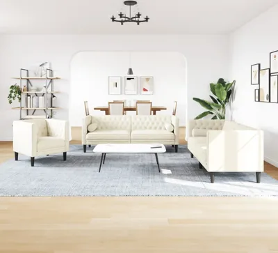 Produktbild von 3-tlg. Chesterfield-Sofa-Set mit Nackenrollen Creme Samt