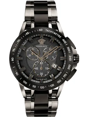 A close-up, studio shot of a men's chronograph watch against a white background.