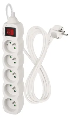 Prodlužovací kabel 2 m / 5 zásuvek / s vypínačem / bílý / PVC / 1 mm2