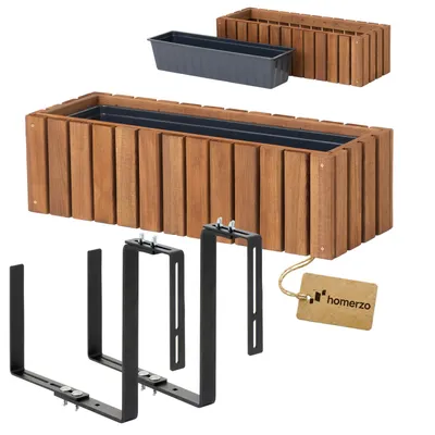 Produktbild von Holz Pflanzkasten Blumenkasten rechteckig – braun imprägniert, mit Kunststoff-Einsatz - Pflanzkübel für Balkon 65x23 H20 + Halter