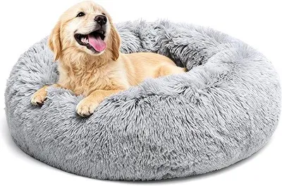 Produktbild von Runder Hundebett, ca. 60 cm Durchmesser, Donut-Form, waschbar und rutschfest, hellgrau, geeignet für große, mittelgroße und kleine Hunde und Katzen
