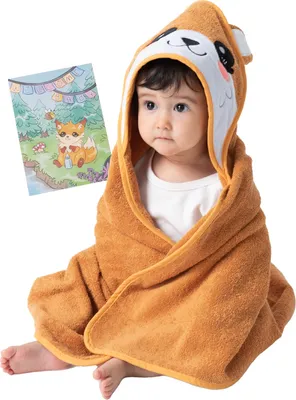 Produktbild von Corimori - Süßes Baby-Handtuch, kuschelig weiches Badetuch mit Kapuze und Grußkarte, Geschenk-Set für Eltern, Faye der Fuchs, 75 x75 cm, Orange