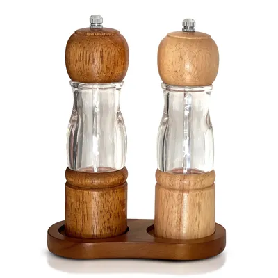 Immagine prodotto di Set di macinae pepe LAYBA 2 pezzi - manuale, con macinino in ceramica regolabile - macina spezie in vetro, acciaio inox e legno, incluso supporto in legno