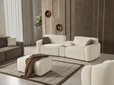Produktbild von Sofa-Set Sofa 4 Sitzer Puff Weiß Polstersofa Sofagarnitur Wohnzimmer