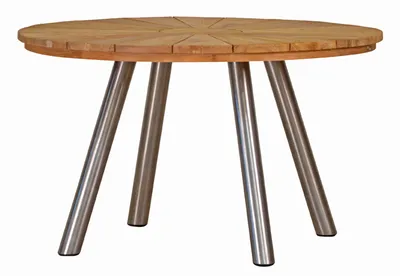 Produktbild von Premium Edelstahl Teakholztisch Hamilton rund 130 cm als moderner Tisch mit Massivholzplatte aus naturbelassenem Teak